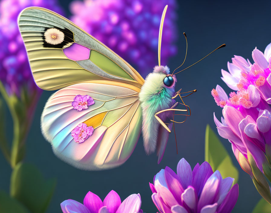 Detailed Butterfly Illustration on Pink Flowers and Purplish-Blue Background