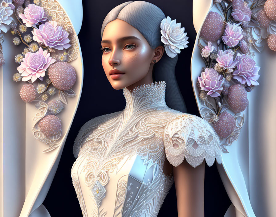 Digital artwork featuring woman with white hair and elegant attire adorned with lace and pastel flowers.