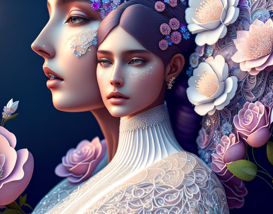 Stylized digital portraits of women with floral designs on faces
