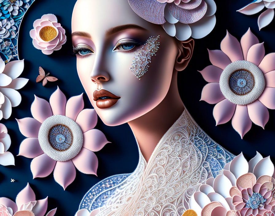 Digital Artwork: Woman with porcelain skin, flowers, butterfly, intricate patterns