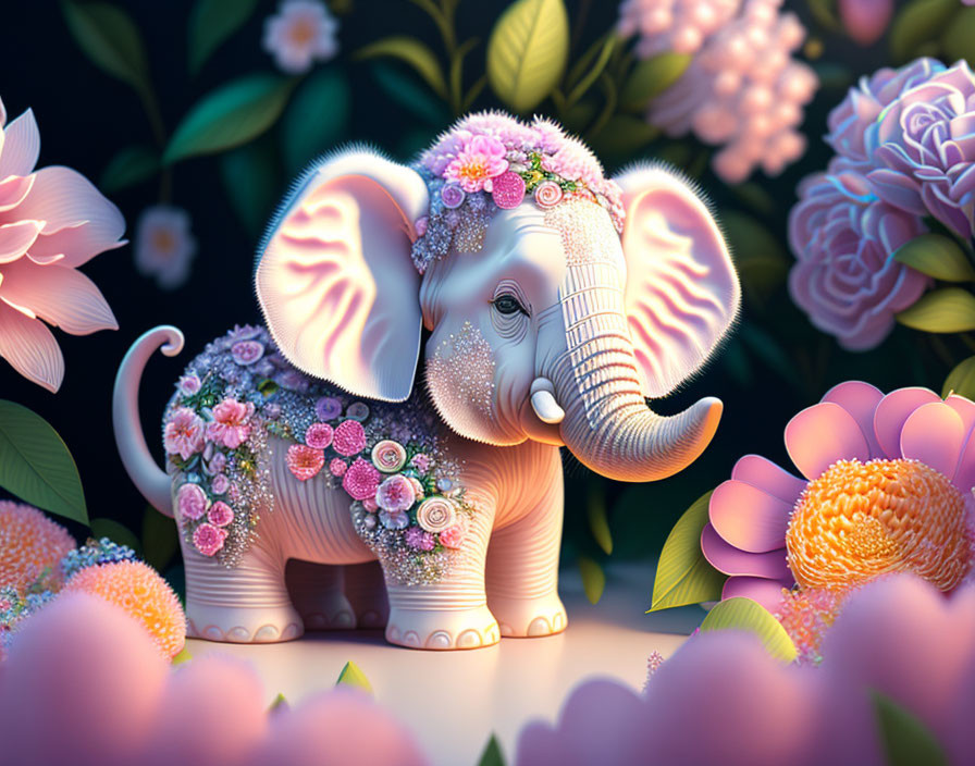 Colorful Flower Decorated Elephant in Lush Flora