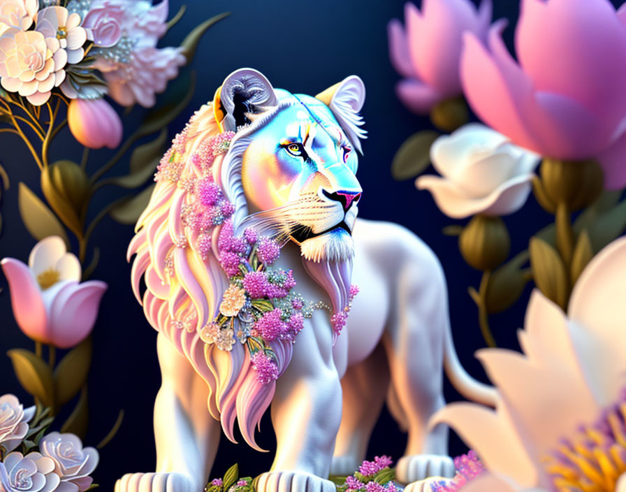 Majestic white lion with pink blossoms in vibrant digital art