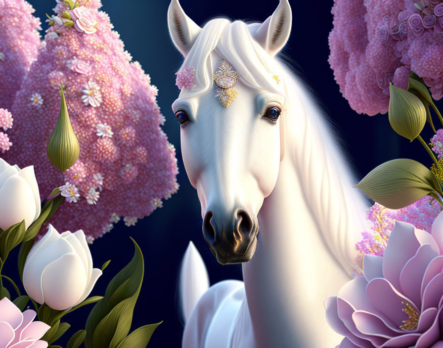 White Horse with Golden Jewelry Surrounded by Flowers on Dark Background
