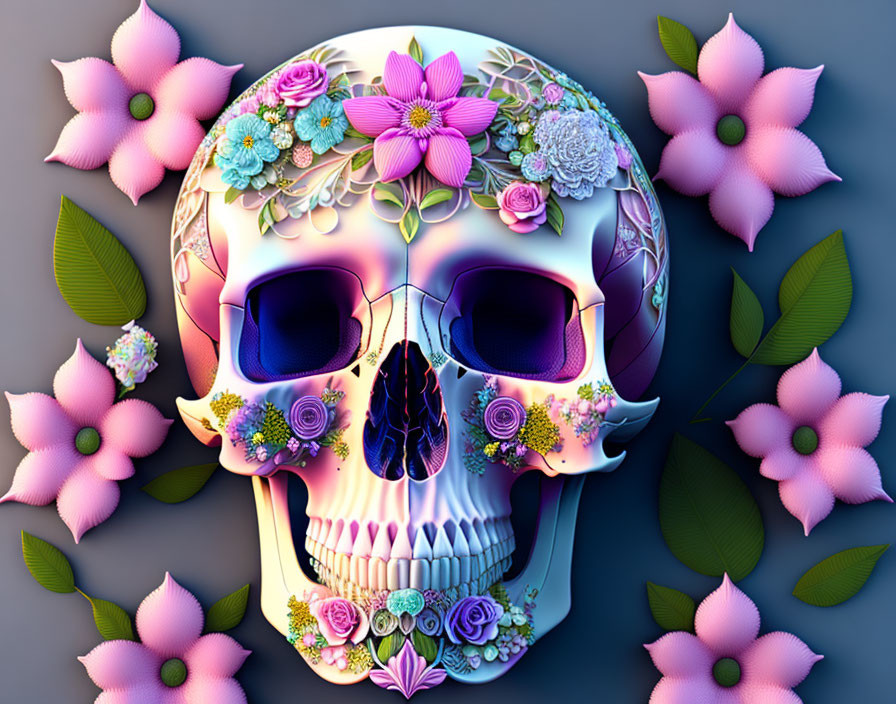 Vibrant skull illustration with colorful flowers on dark background