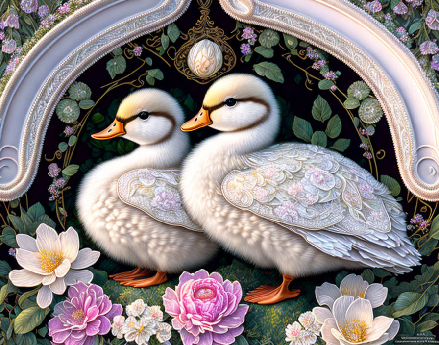 Ornately Decorated Ducks with Floral and Lace Patterns in Elegant Frame