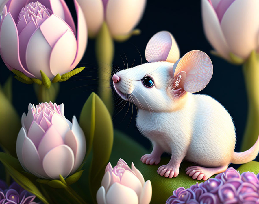 Digital Artwork: White Mouse with Pink Ears in Purple Flowers