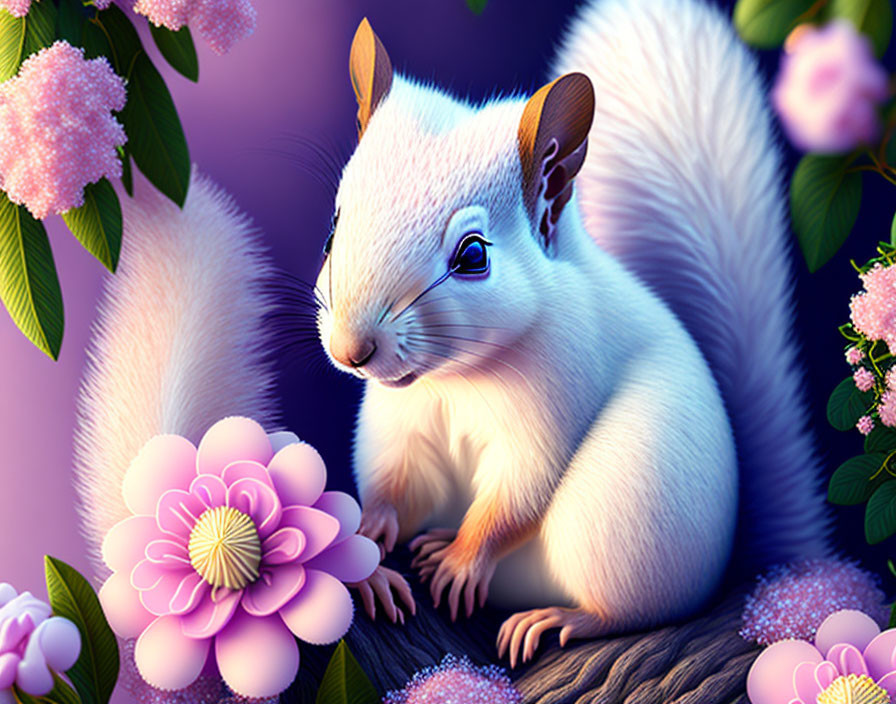 Stylized white squirrel with blue eyes in floral setting on purple background