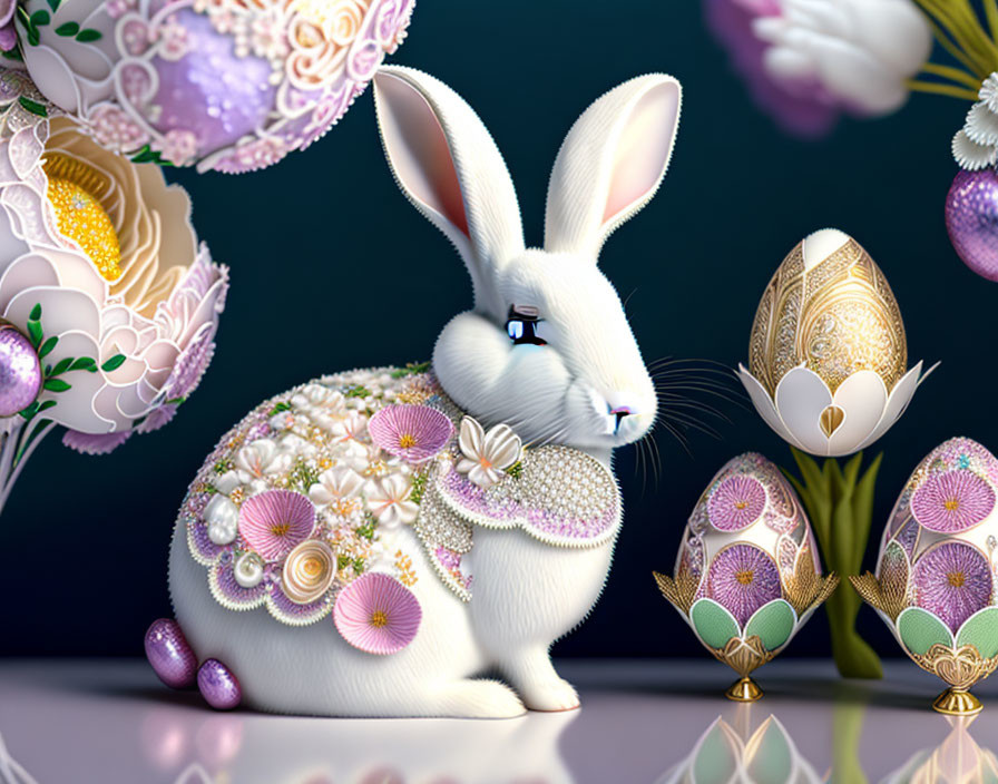 White Rabbit with Pearls and Flowers Among Easter Eggs