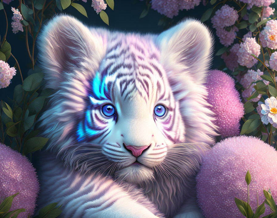 Detailed White Tiger Cub Illustration Among Colorful Flowers and Pom-Pom Plants