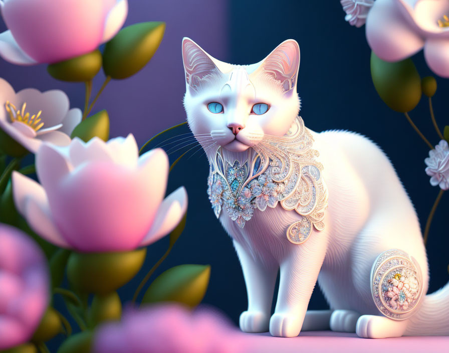 White Ornate Cat Digital Illustration with Blue Eyes and Pink Flowers on Purple Background