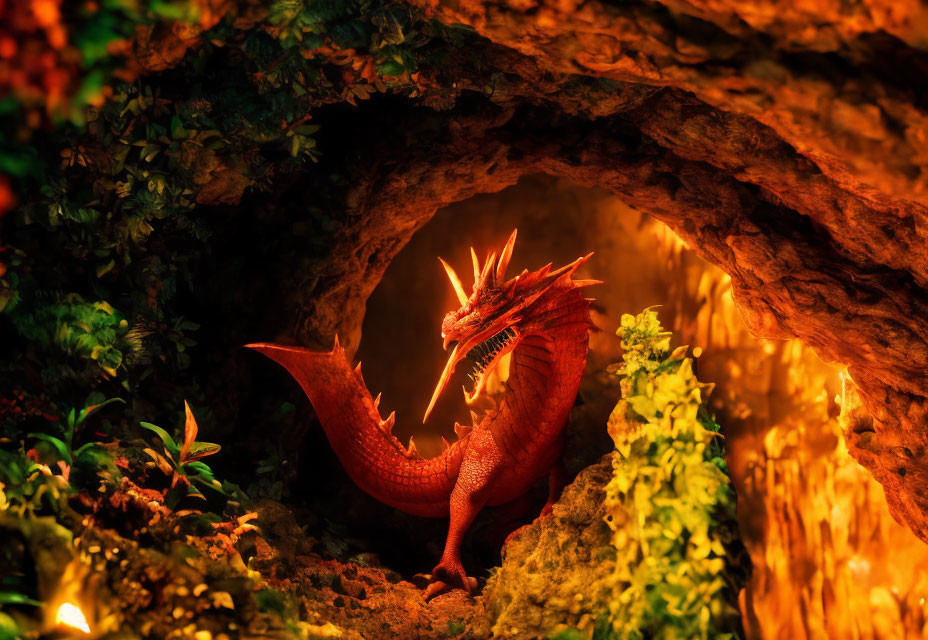 Fiery red dragon in cave with bright flames and lush greenery.