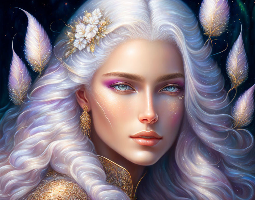 Silver-haired woman with blue eyes and feather headpiece in a starry night scene