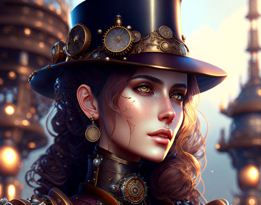 Steampunk-themed digital artwork of a woman in elaborate attire