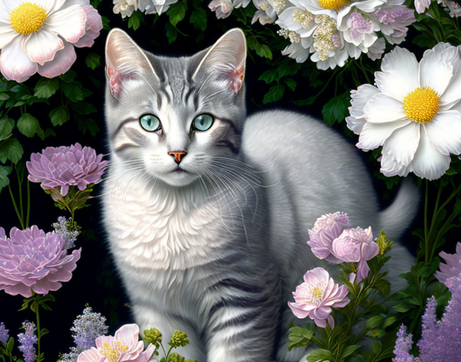 Gray and White Cat Among Colorful Flowers on Dark Background