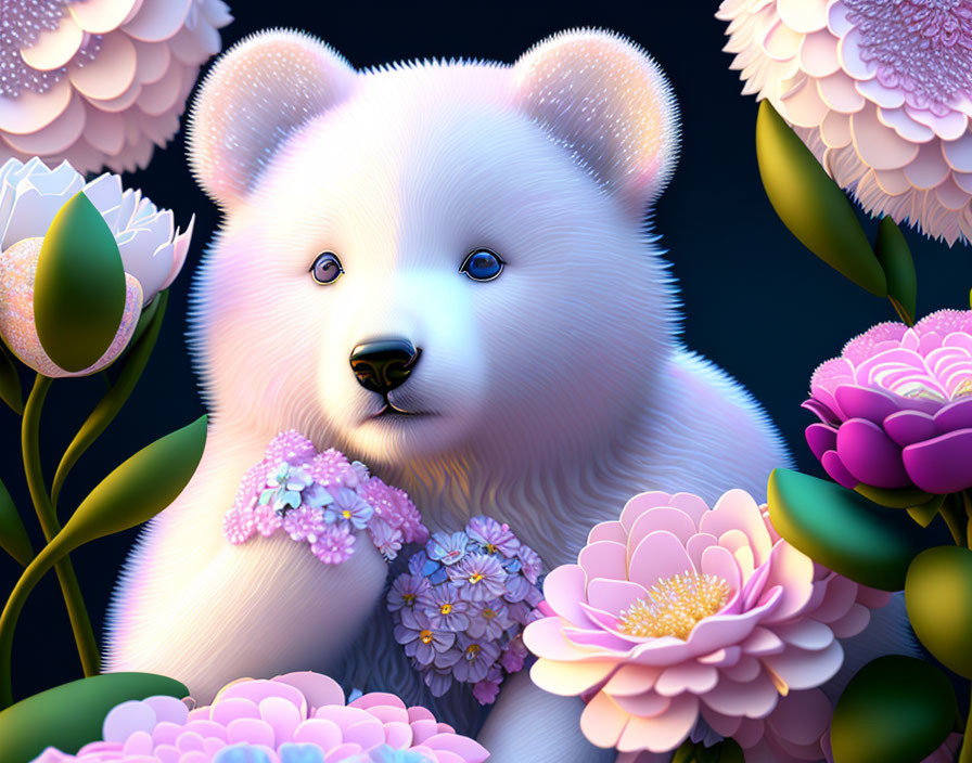 Detailed White Bear Cub Among Colorful Flowers in Digital Illustration