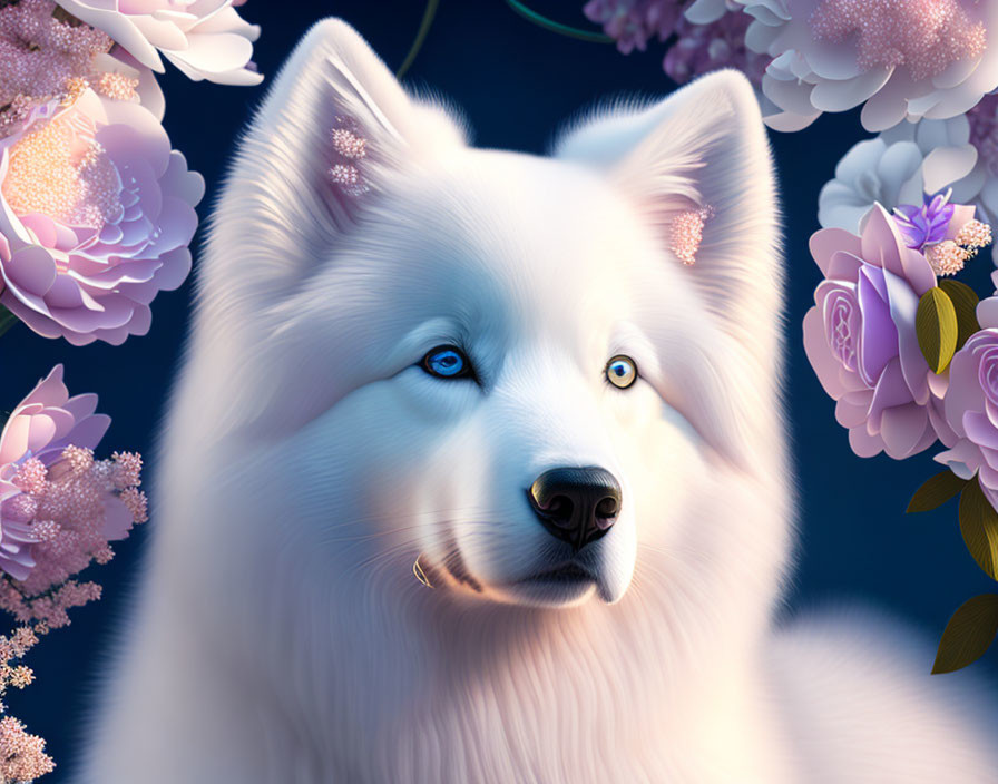 Fluffy white dog with blue eyes in pink and purple flower setting