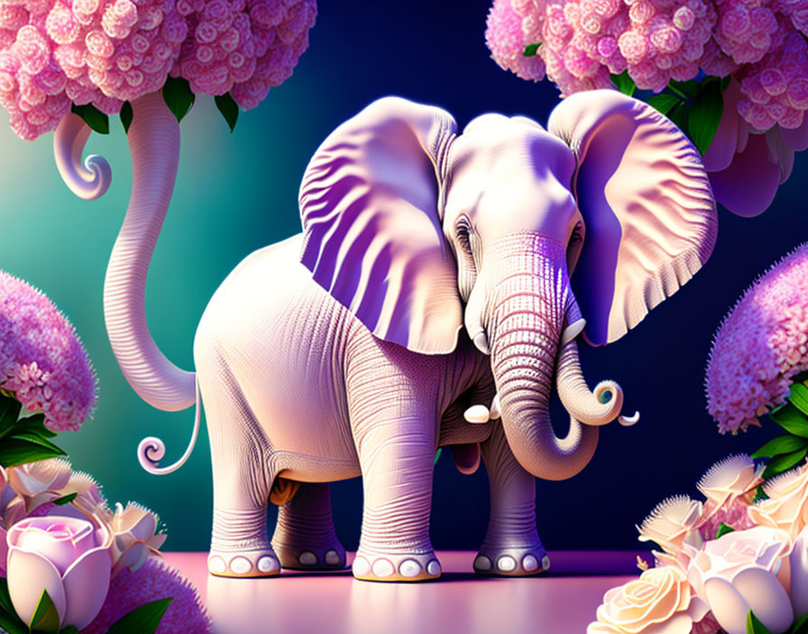 Colorful Stylized Pink Elephant in Whimsical Floral Scene