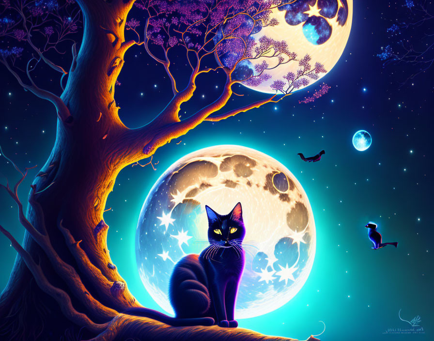 Black Cat under Mystical Tree with Purple Leaves and Moons