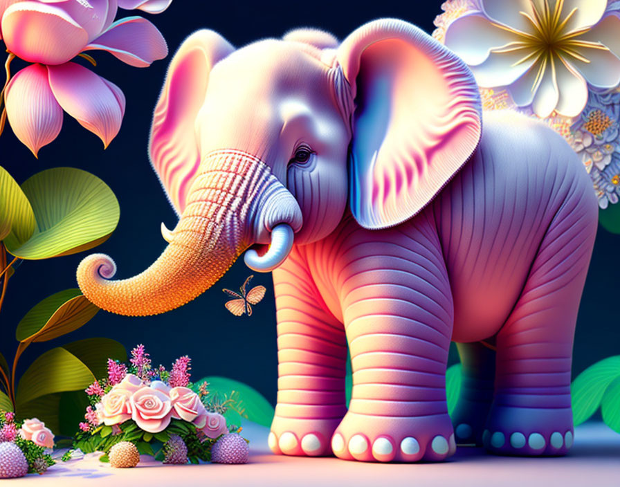 Colorful Baby Elephant Surrounded by Exotic Flowers and Butterfly