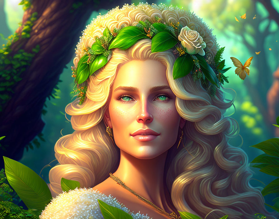 Blonde Woman with Floral Wreath in Forest Scene