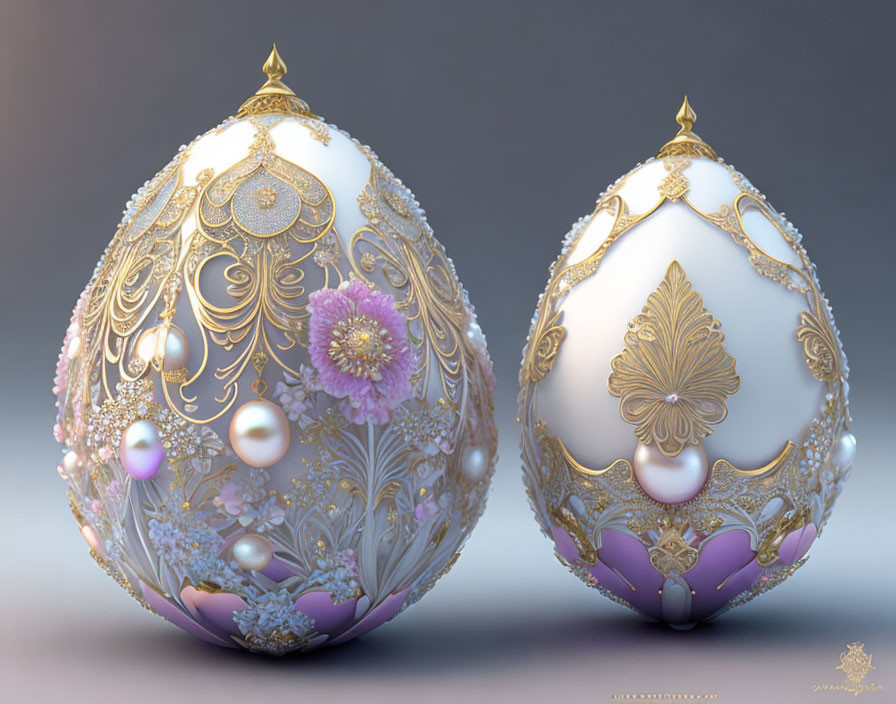 Ornate Jeweled Eggs with Gold Detailing and Pearls on Glowing Background
