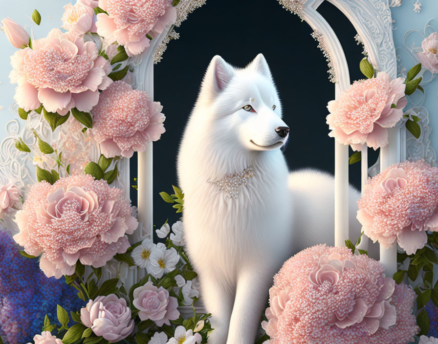 Fluffy white dog in front of ornate arch with pink roses and peonies