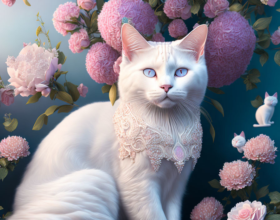 White Cat with Blue Eyes in Lace Collar Surrounded by Pink Flowers and Cat Figurines