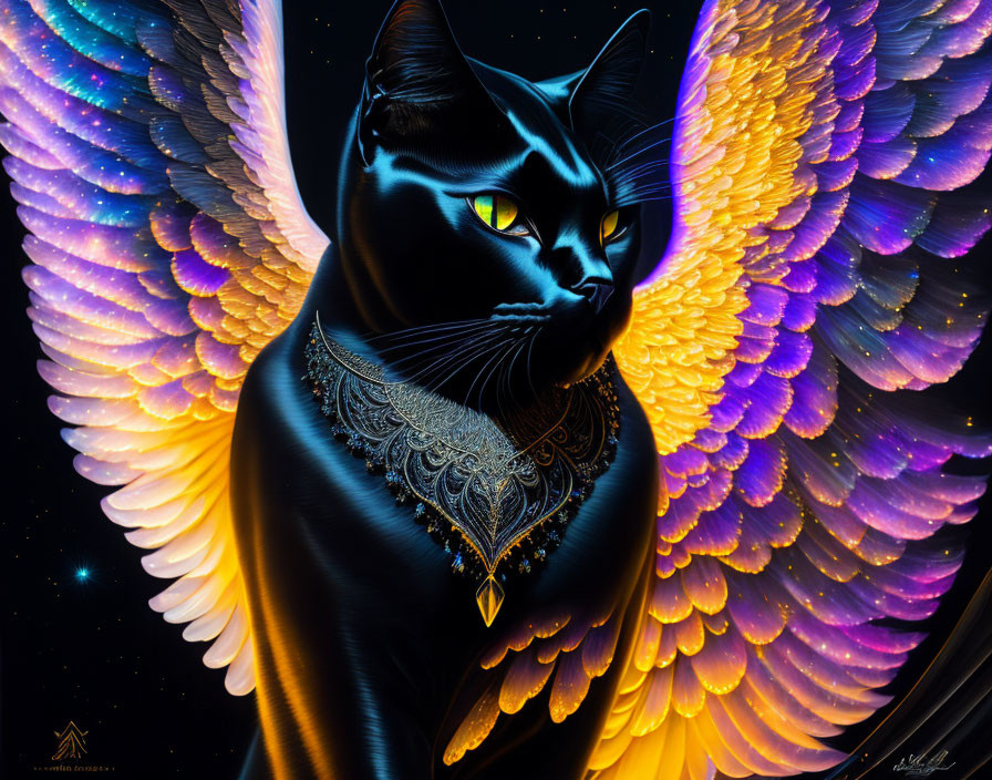 Black cat with angel wings and cosmic background.