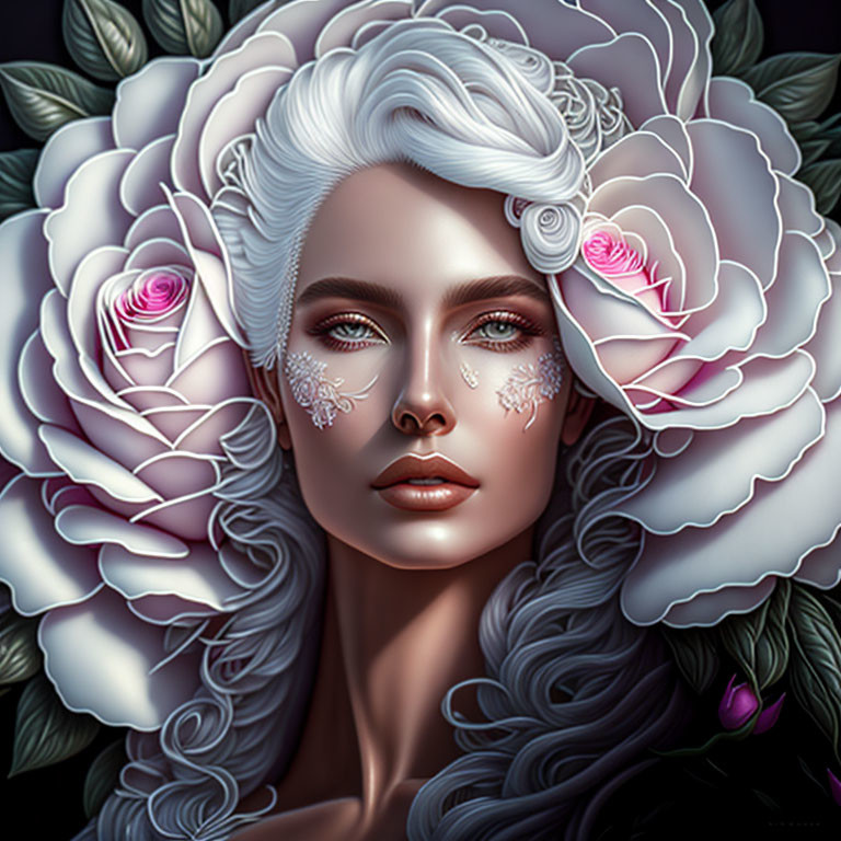 Woman's face digital artwork with white roses and glittering patterns