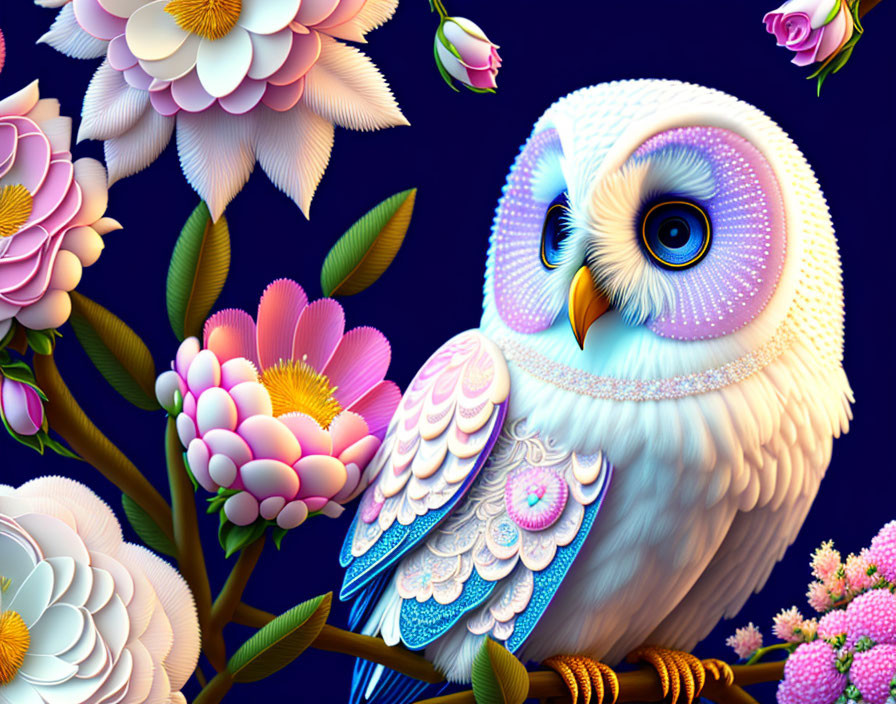 Snowy owl perched on branch with pink and white flowers on dark blue background
