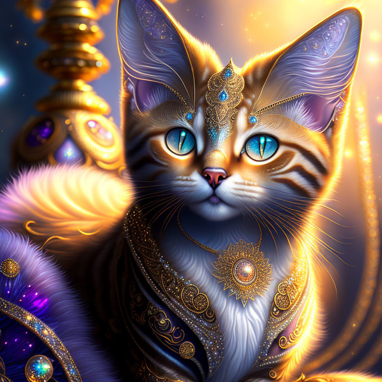 Luxurious Gold Jewelry Adorns Majestic Cat in Cosmic Setting