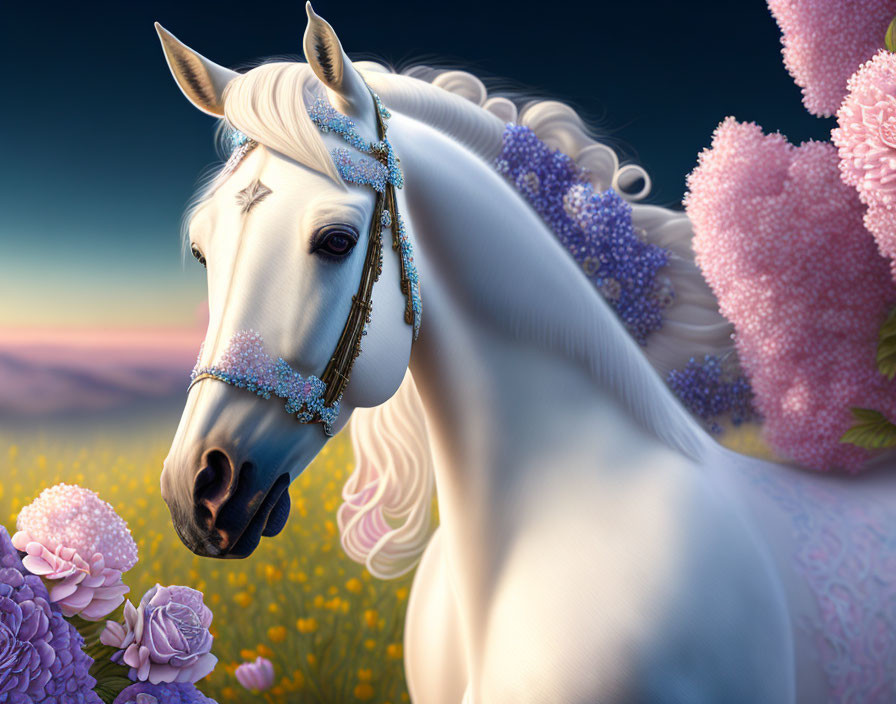 White Horse with Sparkling Bridle in Purple Flower Field at Dusk