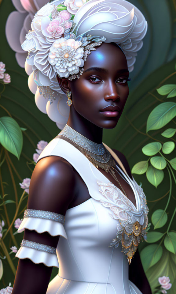 Digital artwork of dark-skinned woman in white headdress and dress amidst green foliage