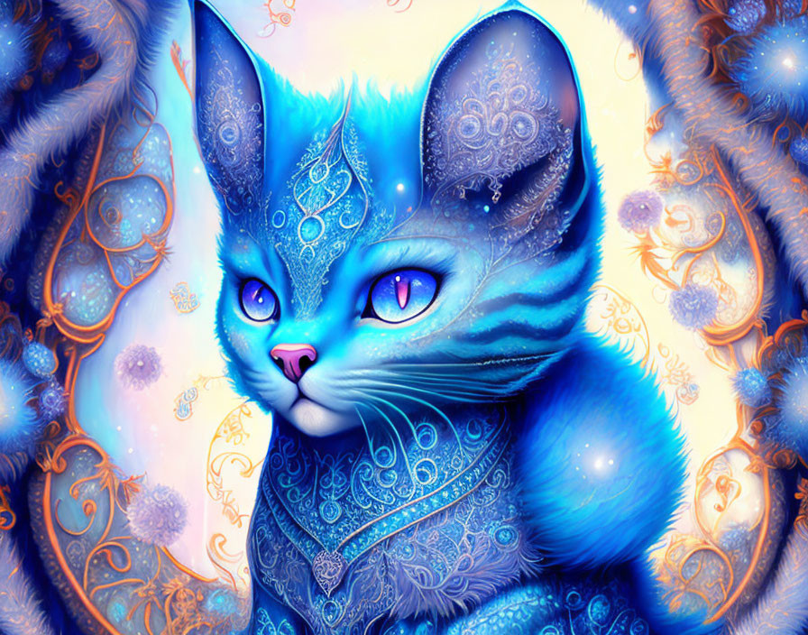 Blue ornate-patterned cat with purple eyes in frosty floral background