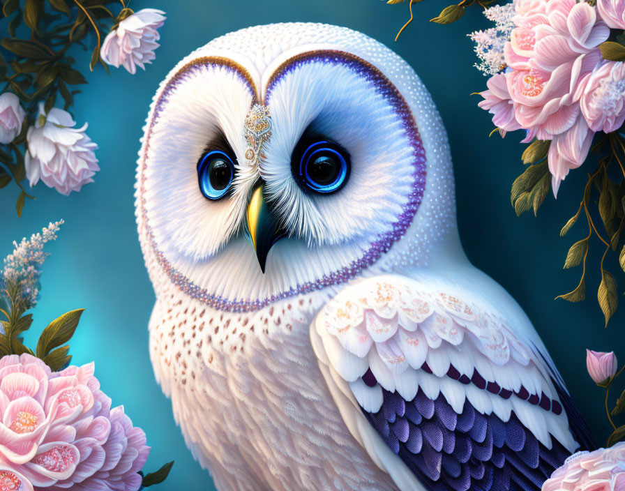 Detailed digital artwork of owl with blue eyes, pink flowers, and teal backdrop