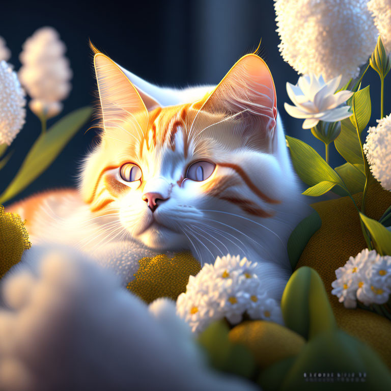 Orange and White Cat Among White Flowers and Green Leaves in Golden Light
