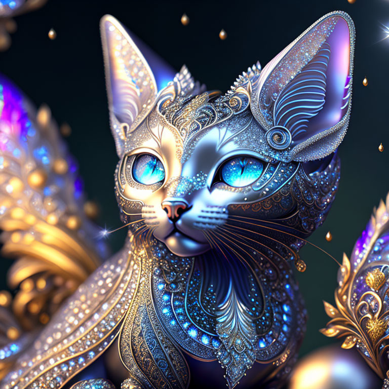 Metallic ornate cat digital artwork with intricate patterns and bright blue eyes