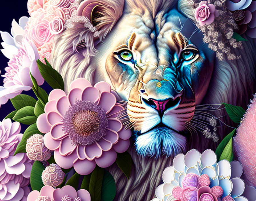 Detailed White Tiger Face Surrounded by Colorful Flowers and Patterns