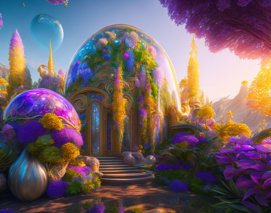Vibrant garden with purple flora and glass dome under dreamlike sky