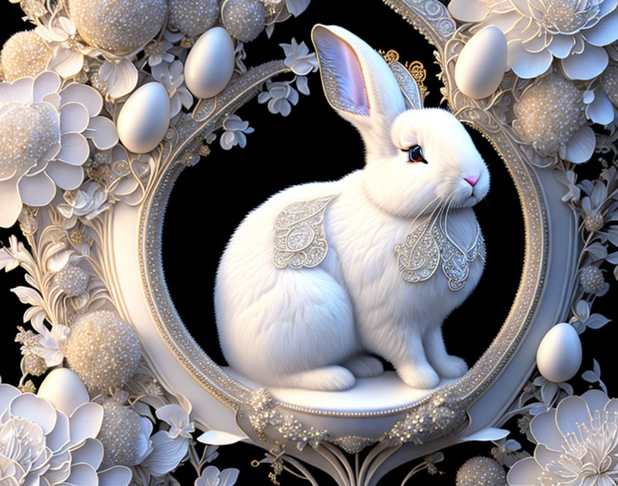 White Rabbit with Decorative Patterns in Ornate Oval Frame surrounded by Pearls and Flowers on Dark Background
