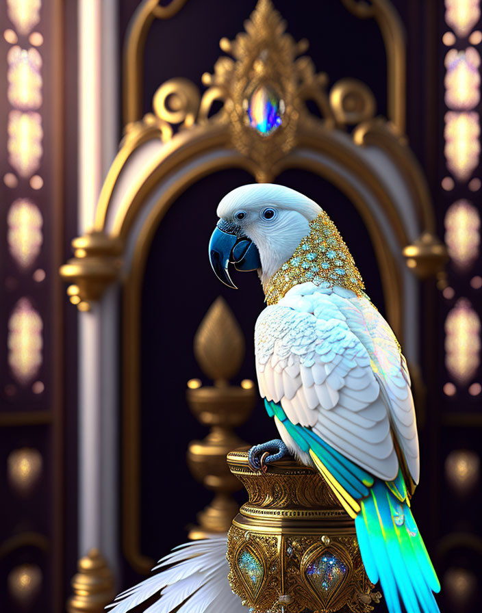 White Parrot with Gold Jewelry on Ornate Stand Against Regal Backdrop