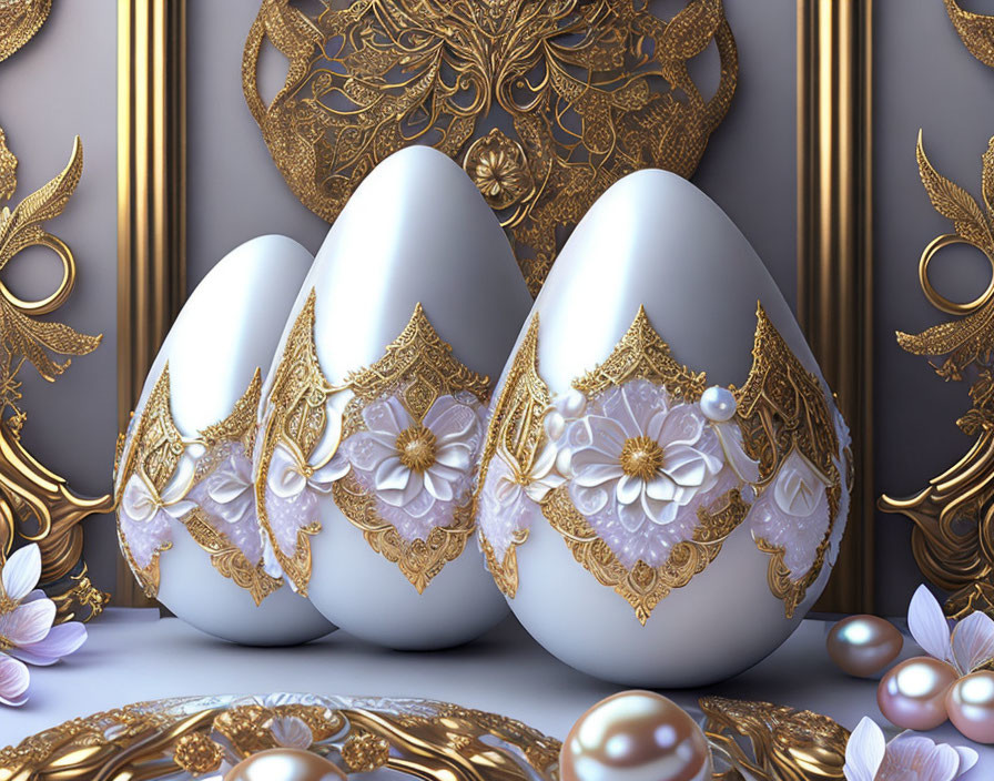 Ornate Gold and Floral Patterned Eggs on Reflective Surface