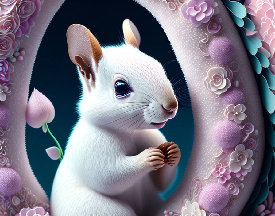 Illustration of white squirrel with big eyes in pink and blue floral setting