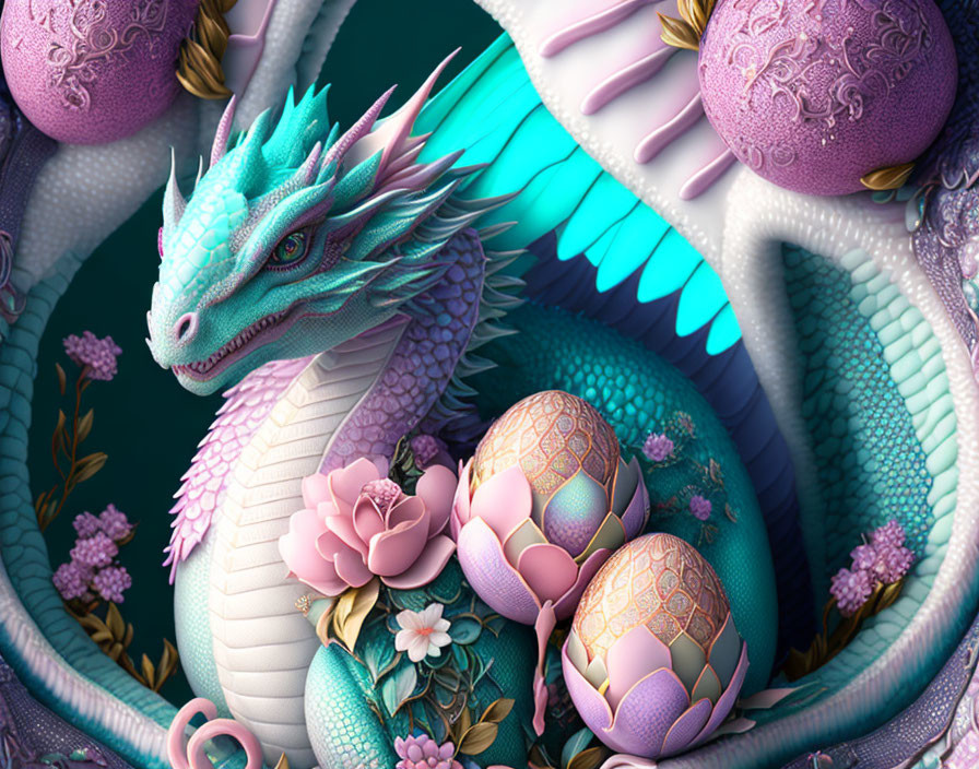 Turquoise and Pink Dragon with Patterned Eggs and Flowers in Asian-inspired Setting