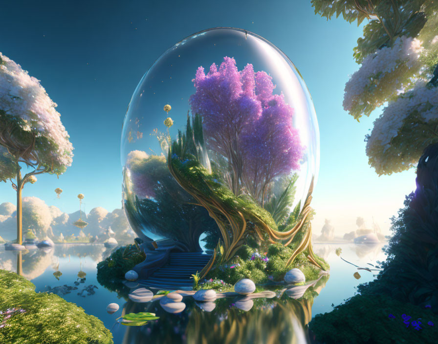 Transparent orb in serene landscape with purple trees and floating islands