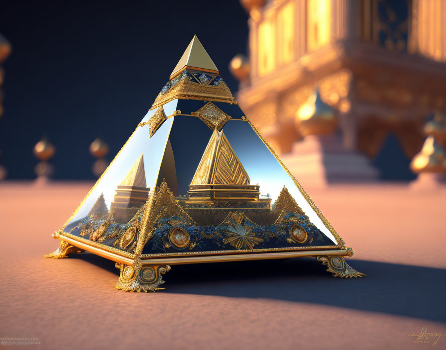 Intricate golden pyramid against sunset-lit background