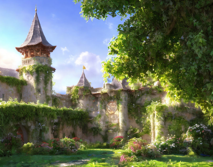 Fantasy castle surrounded by greenery and flowers under clear blue sky