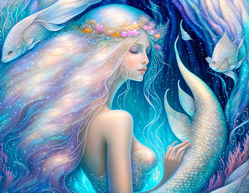 Illustration of woman with starry hair in aquatic scene