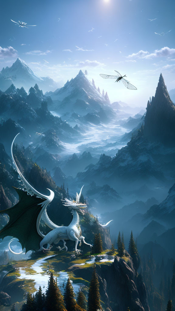 White Dragon on Cliff Overlooking Misty Mountain Landscape with Dragonfly Aircraft