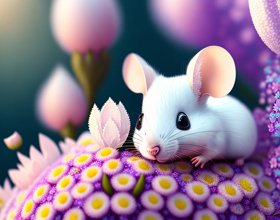 Illustration of white mouse with large ears on purple, flower-covered sphere